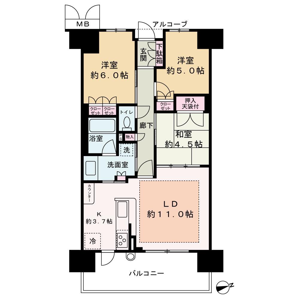 ディアエスタミオ南住吉壱番館(3LDK/2階)の間取り写真