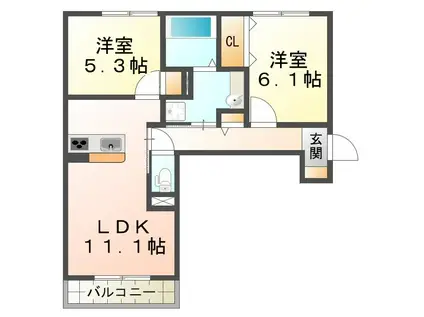 ワン ウェーブ 霞ヶ丘(2LDK/1階)の間取り写真