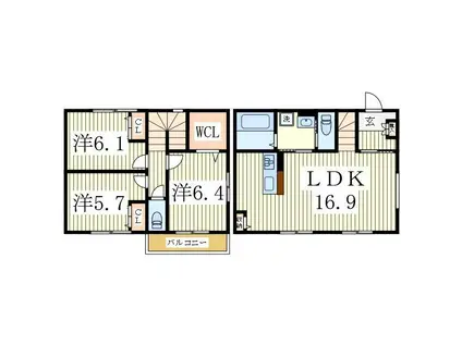 ラシーネ松ヶ丘B棟(3LDK/1階)の間取り写真