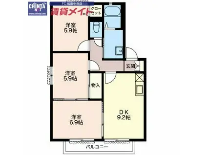 ボヌール泰山 B棟(3DK/2階)の間取り写真