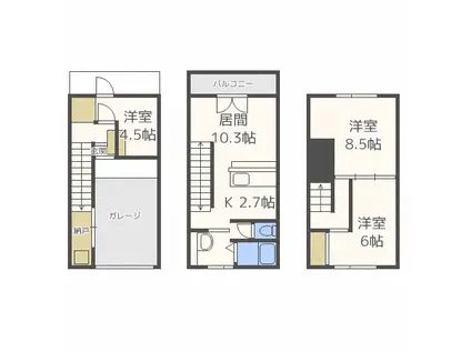 ＪＲ札沼線 新琴似駅 徒歩6分 3階建 築15年(3LDK/1階)の間取り写真