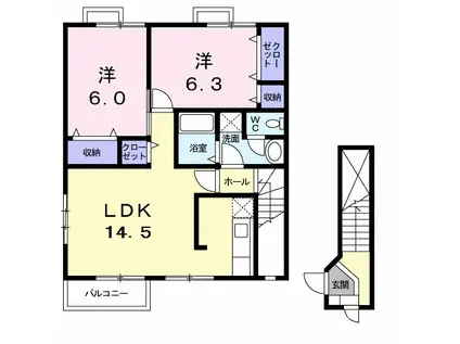 サンシティー国府B(2LDK/2階)の間取り写真