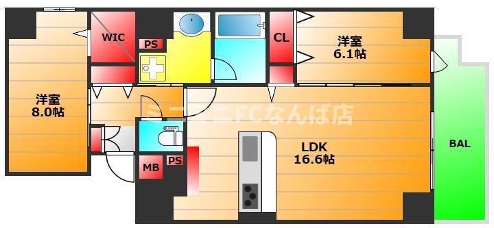 ワンナル堺筋本町(2LDK/10階)の間取り写真