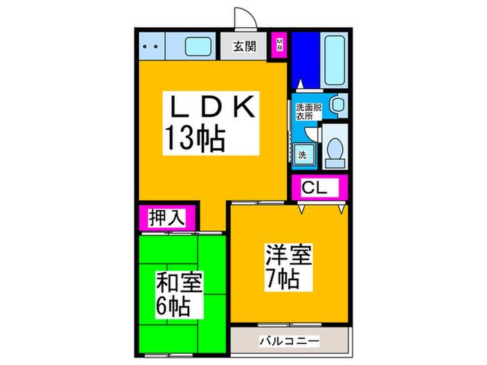 パルコート山田(2LDK/1階)の間取り写真