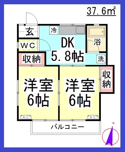 カヤマハイツ(2DK/2階)の間取り写真