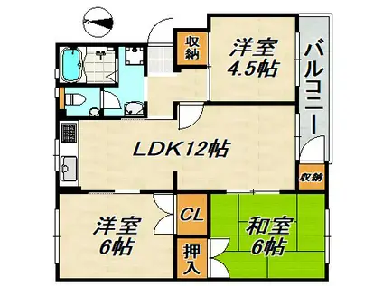 名谷1団地2号棟(3LDK/4階)の間取り写真