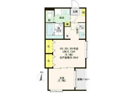 ハーモニーテラス浜口西Ⅱ(1LDK/3階)の間取り写真