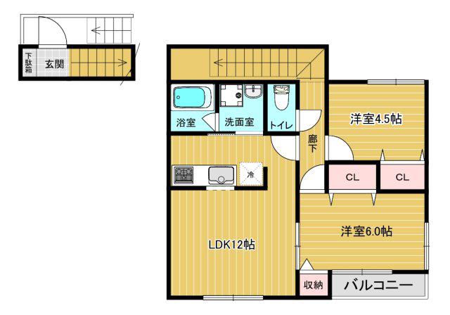 ハッピーロード A棟(2LDK/2階)の間取り写真