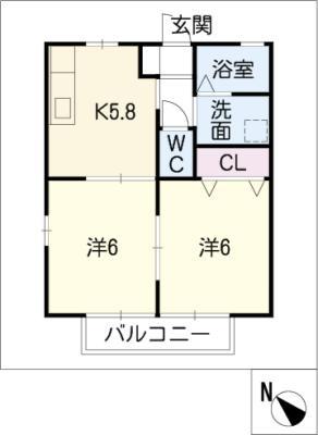 アンソレイユ B棟(2K/1階)の間取り写真