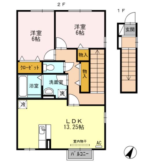 ブランズ開A・B棟(2LDK/2階)の間取り写真