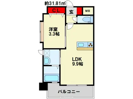 アンテス上到津(1LDK/6階)の間取り写真