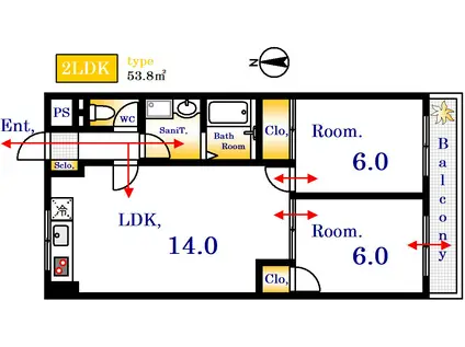 K.T BUILDING(2LDK/4階)の間取り写真