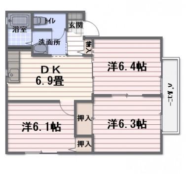 ディアス元岡  1番館(2LDK/1階)の間取り写真