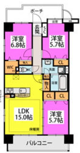 ウェスタ久留米けやき通(3LDK/8階)の間取り写真
