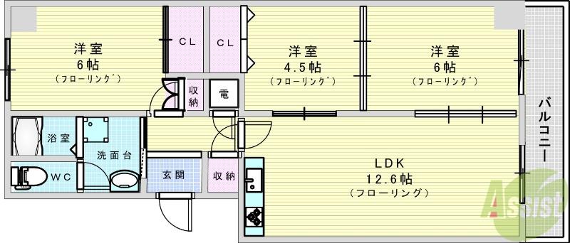 緑地公園リッツハウス(3LDK/3階)の間取り写真