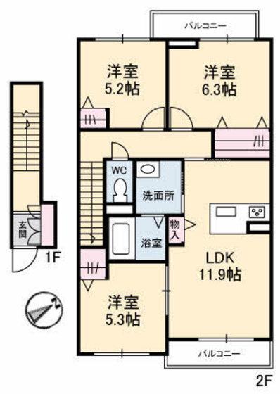 SERENA GARDEN D棟(3LDK/2階)の間取り写真