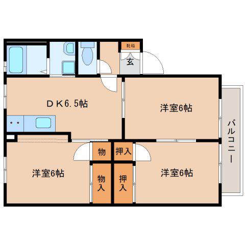 キャピタル8 B棟(3DK/2階)の間取り写真