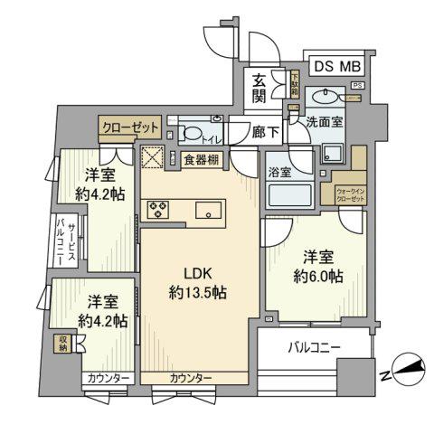 ブランズ明石町(3LDK/7階)の間取り写真