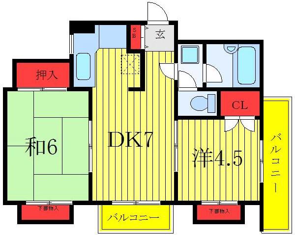 サンフィールドハイツ(2DK/4階)の間取り写真