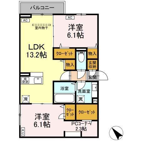 レーヴェ前原町(2LDK/3階)の間取り写真