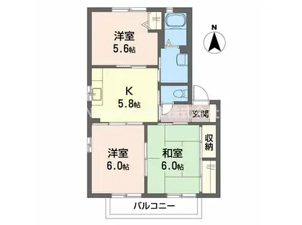 ディアコートE(3K/2階)の間取り写真