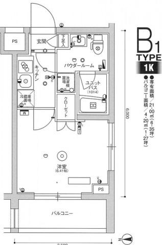 スカイコートヒルズ品川御殿山(1K/4階)の間取り写真