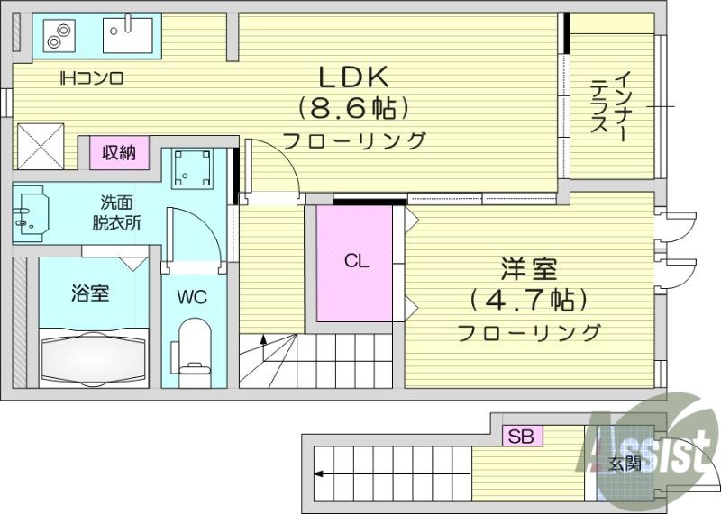 ダイヤモンド90(1LDK/2階)の間取り写真