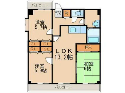 カサグランデ筑紫(3LDK/1階)の間取り写真