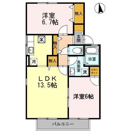 ビューラーやすらぎ D棟(2LDK/1階)の間取り写真