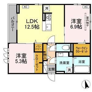DーROOM六十人町 B(2LDK/1階)の間取り写真