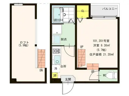 ハーモニーテラス唐原(1K/2階)の間取り写真