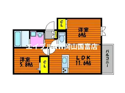 SINFARIA HARAOSHIMA B棟(2LDK/1階)の間取り写真