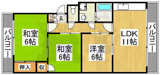 高畑マンション(3LDK/1階)の間取り写真