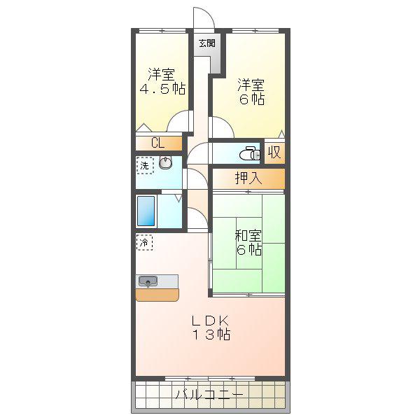 プラザハイツ二ツ屋B棟(3LDK/1階)の間取り写真