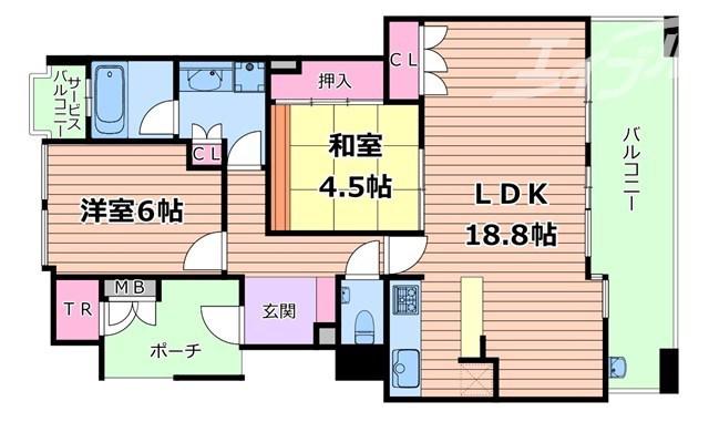 グラン・ブルー上町台(2LDK/6階)の間取り写真