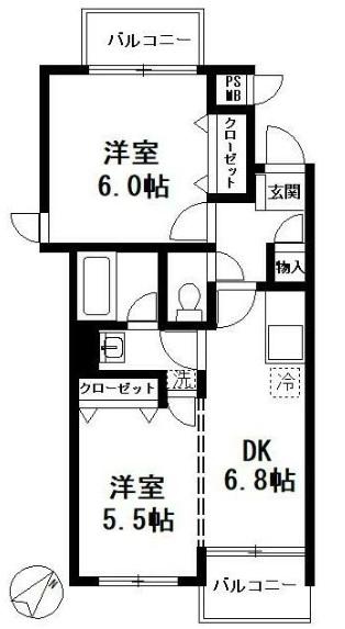 サウスコート(2DK/1階)の間取り写真