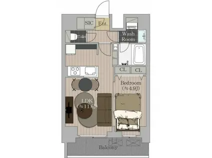 S-RESIDENCE新宿早稲田AVELIS(1LDK/11階)の間取り写真