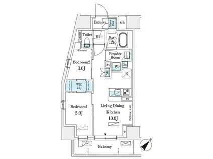 パークアクシス横浜伊勢佐木町通(2LDK/2階)の間取り写真