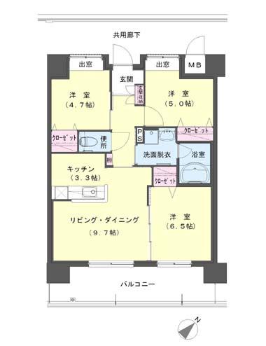 クラシオン小頭町公園前1棟(3LDK/13階)の間取り写真