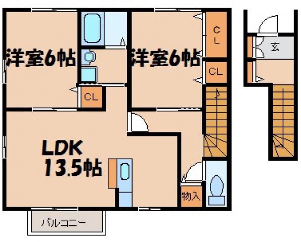 ローズコートHATAKA D棟(2LDK/2階)の間取り写真