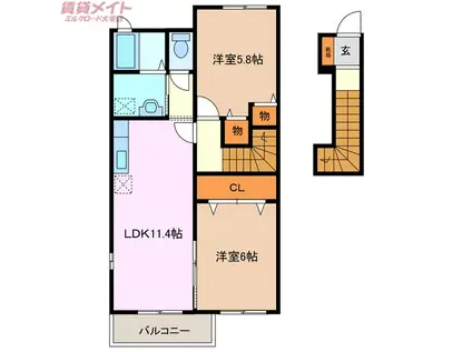 ミルキーウェイA(2LDK/2階)の間取り写真