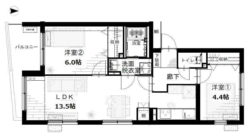 RAFFINEなとり(2LDK/1階)の間取り写真