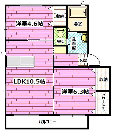 サニーハイツ城ヶ丘(2LDK/1階)の間取り写真