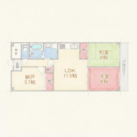 住道パークハイツ(3LDK/5階)の間取り写真