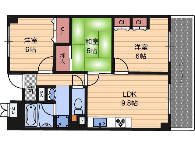 セーヌ東岸和田(3LDK/4階)の間取り写真