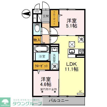 オークリーフ三郷 B(2LDK/1階)の間取り写真