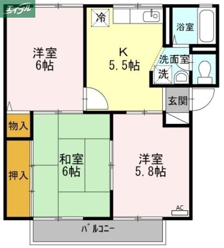 プレジール小野F棟(3K/2階)の間取り写真