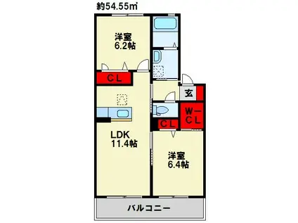 クラヴィエひびきの(2LDK/2階)の間取り写真