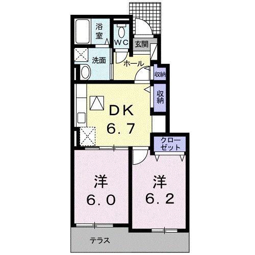 カーサアルマーレII(2DK/1階)の間取り写真
