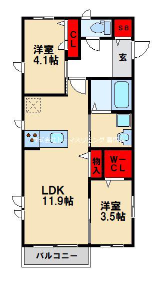 カーサ弥生が丘II(2LDK/1階)の間取り写真